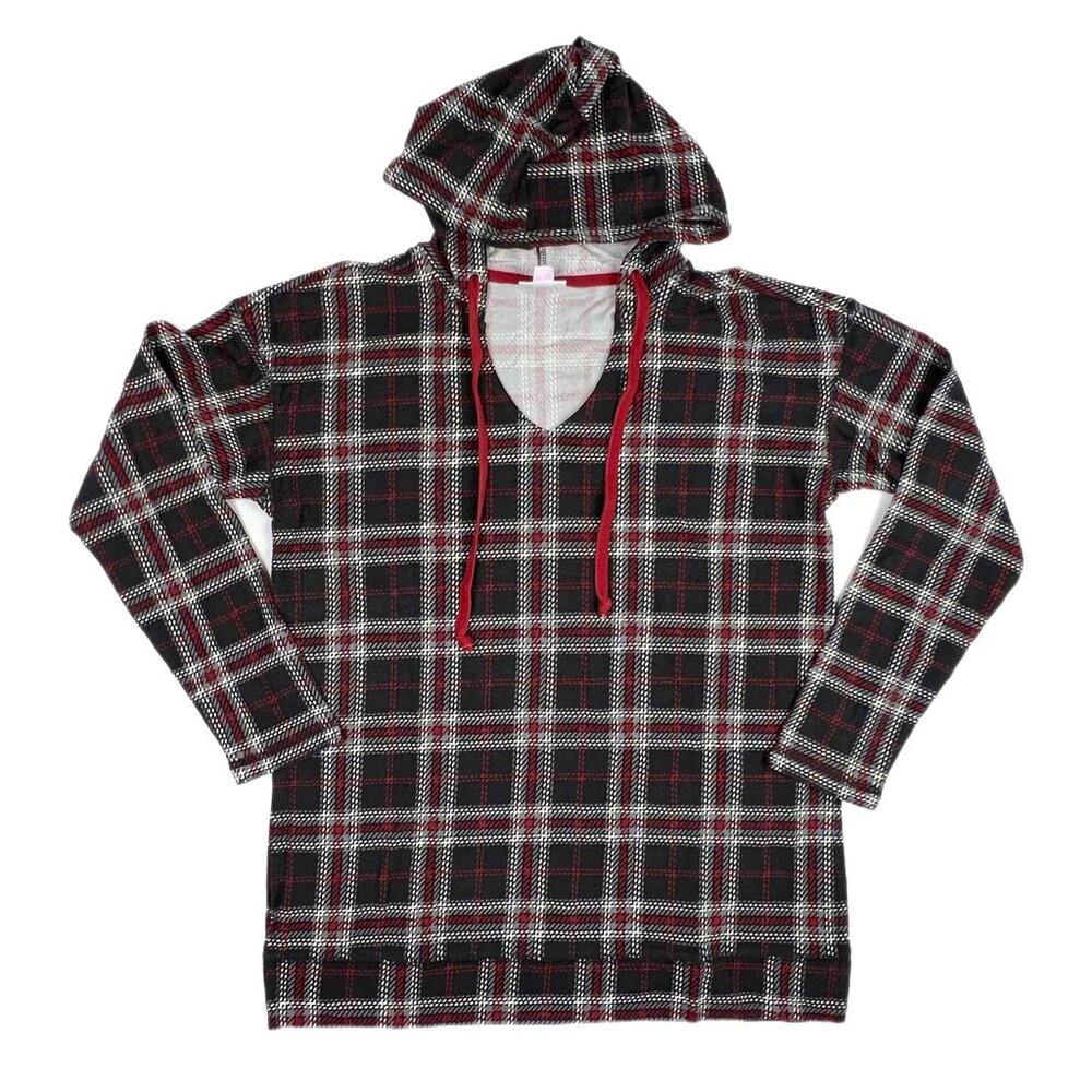 NEW XL LuLaRoe Eliza Plaid Red Black Hoodie Pullover V Neck Knit Long Sleeve